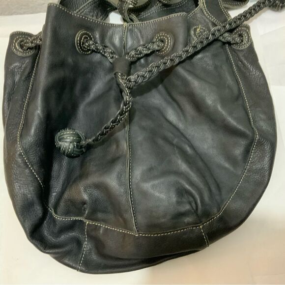 Fossil Black Leather Bucket Bag Braided Drawstring Shoulder Strap white stitches - Picture 10 of 16